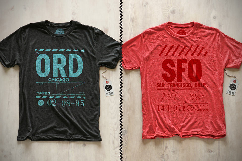 Cities T-Shirts by Pilot and Captain Chicago-ORD and San Francisco-SFO