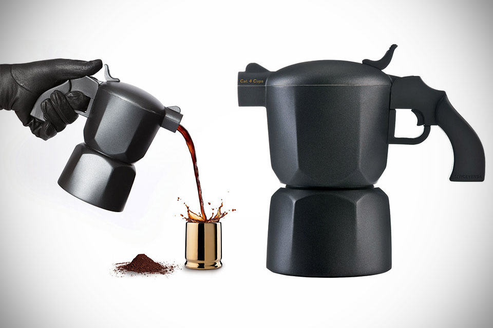 Noir Pistol-style Coffee Maker and Bullet Shell Espresso Cups